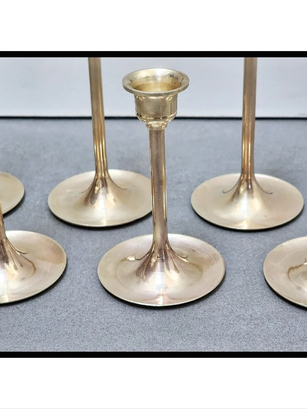 Set Of 6 MCM Vintage Solid Brass Stem Taper Candlestick Holders Graduated Height